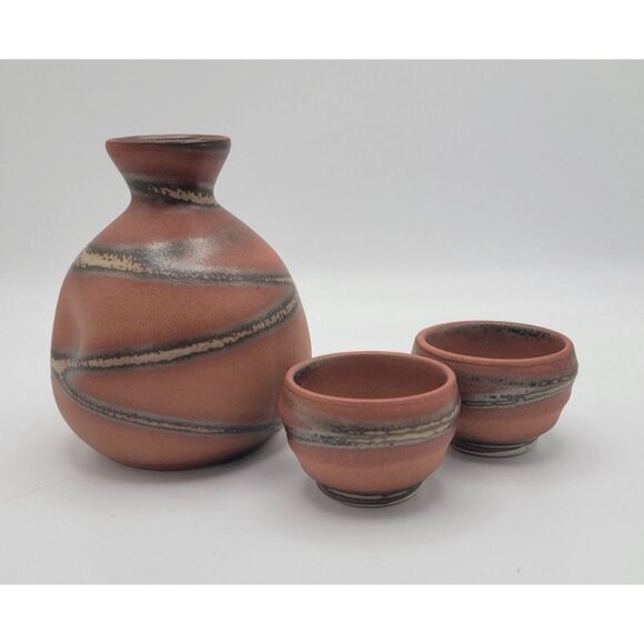 Other - Vintage Japanese Stoneware Sake Set – Tokkuri Flask with 2 Guinomi Cups – Earth